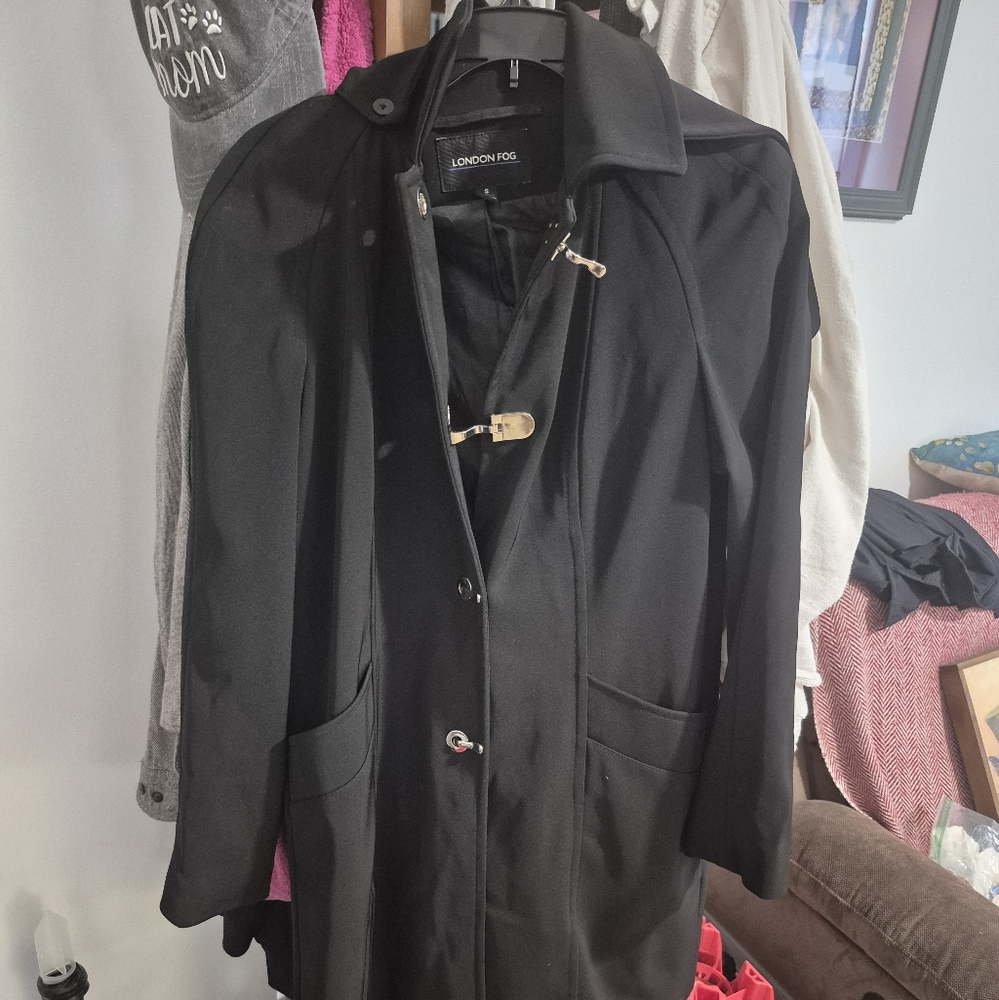 London Fog Black Rain Walking Trench Coat With Silver Clasps & Detachable Hood
